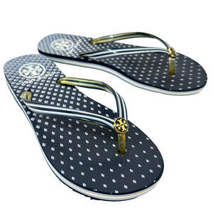 Tory Burch Thin Strap Flip Flop Womens 6 / 7 Navy Gold Logo Thong Sandal Rubber